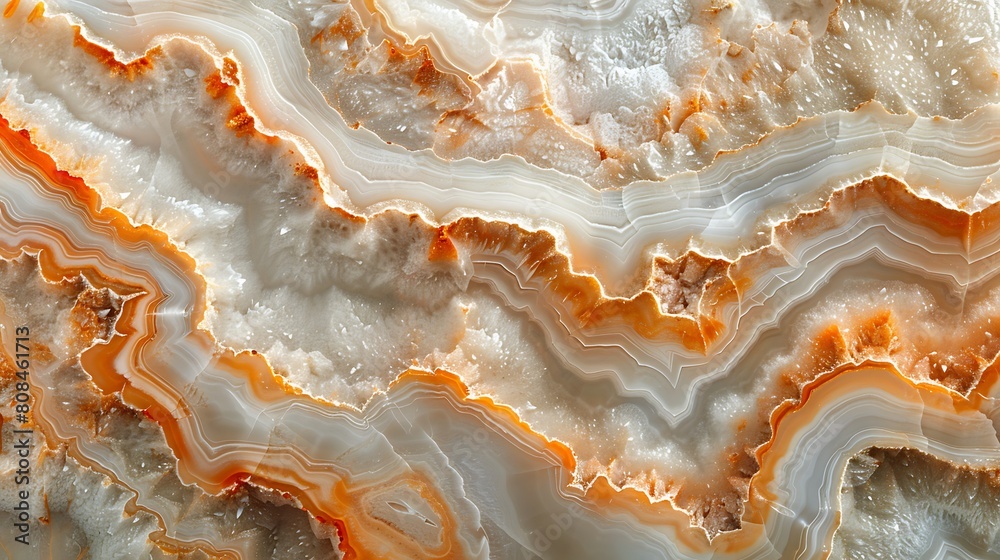 Obraz premium Close-up of a marbled surface where delicate veins of peach intricately weave through a creamy background, creating a rich tapestry of smooth, flowing colors.