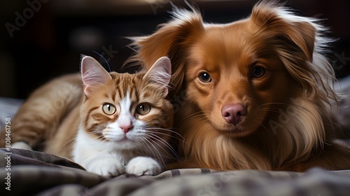 A dog and a cat lie down and look straight ahead.