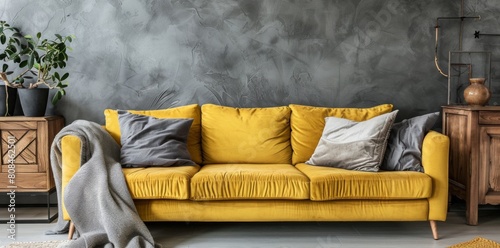 Yellow sofa with grey pillows and blanket against gray wall in living room interior with wooden sideboard