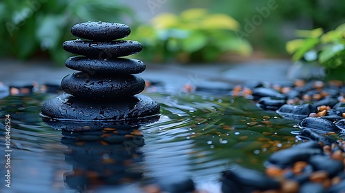 Minimalist Zen garden landscape focusing on the simplicity and beauty of pebbles and water ripples in a reflective blue pond  aimed at conveying tranquility and clarity.