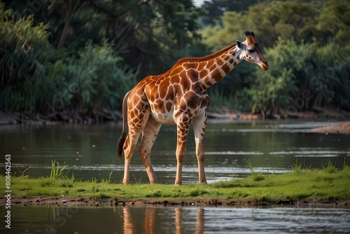Giraffe is standing on the ground with green of tree and river as a background 