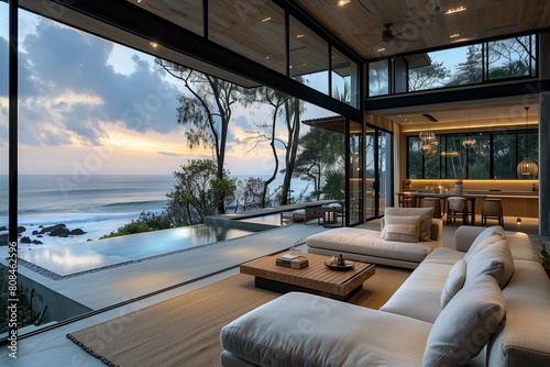 Elegant Coastal Living Room in a Minimalist Design with Natural Materials and Dusk Lighting  Focusing on Sustainability and Comfort