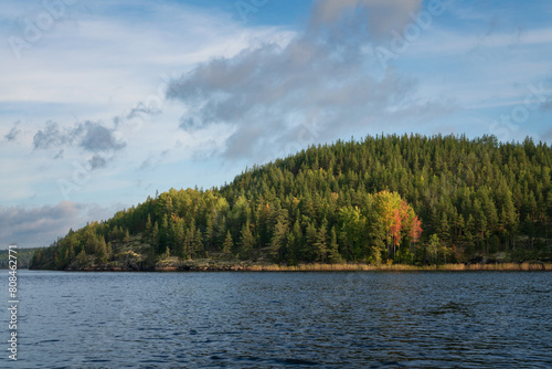 Lake Ladoga near the village Lumivaara on a sunny autumn day, Ladoga skerries, Lakhdenpokhya, Republic of Karelia, Russia