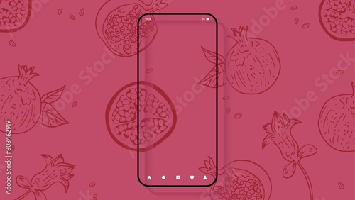 Mobile phone on pink paper background minimal style. Pomegranate outline fruit with leaves hand draw pattern. Social media, presentation template