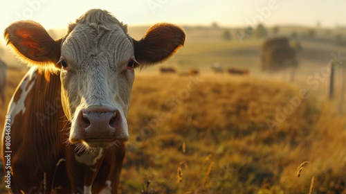 A close-up portrait of a brown cow looking directly at the camera, set against a misty, soft-focus field background.