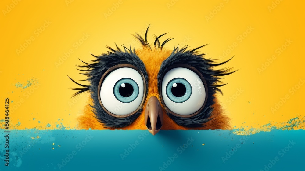 A playful bird with big eyes curiously peeks over a bright colored edge, Ai Generated