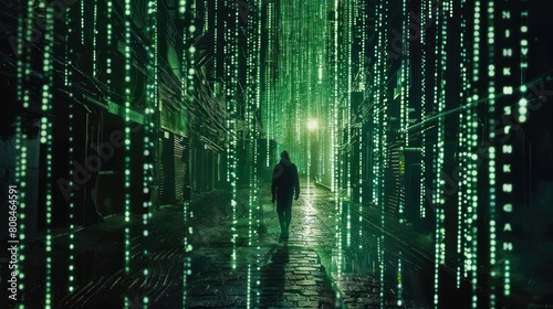 walking man  Green number and code matrix background 
