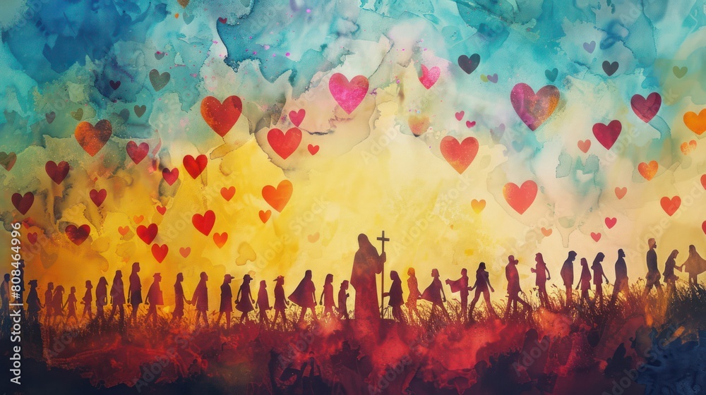 Φωτογραφία Illustration of Silhouette of Jesus and His Followers Filled with Loves