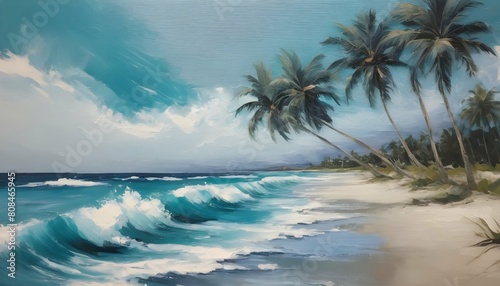 A beach scene with palm trees swaying in the breez upscaled 14
