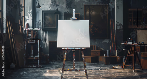 A blank white canvas on an easel in the middle of a dark artist studio