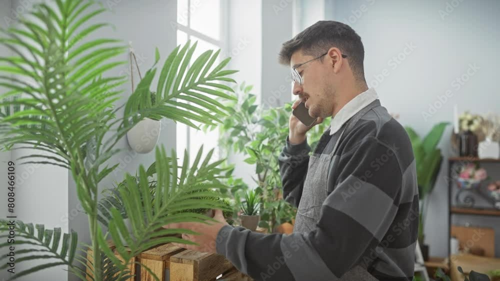 Young man in apron tending plants in a flower shop while on a phone call Young man in apron tending plants in a flower shop while on a phone call