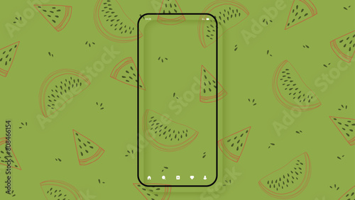 Mobile phone on green paper background minimal style. Watermelon outline fruit hand draw pattern. Social media, presentation template