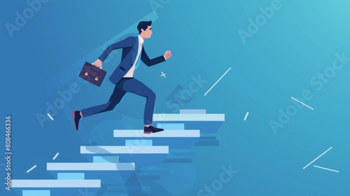 A businessman in a suit is running up the stairs to success, holding a briefcase and looking at a bright future with a blue background vector illustration design.