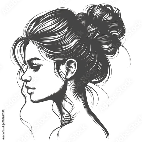 Monochrome portrait with bun hair, defined cheekbones and elegant jawline