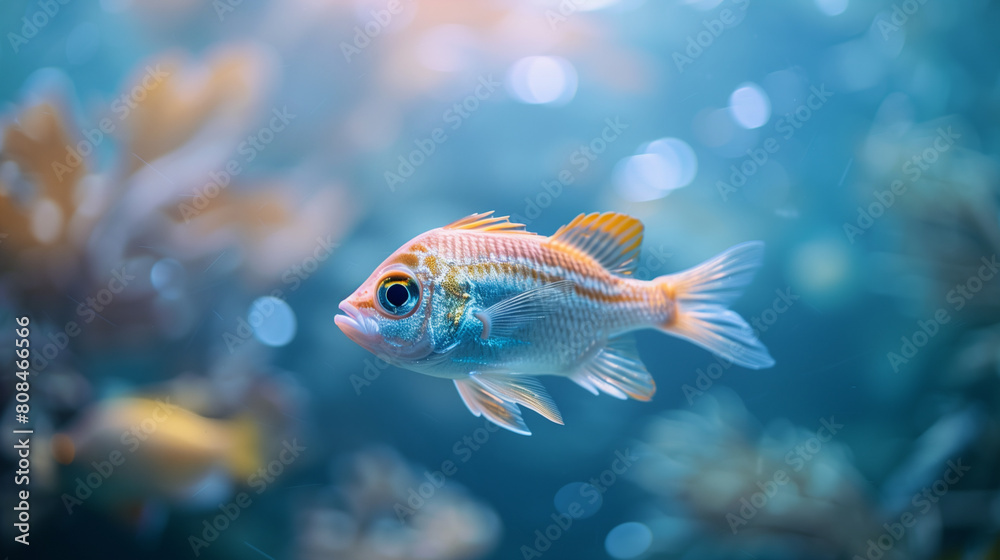 Single fish in aquarium in blue water. Selective focus. Single fish in aquarium in blue water. Selective focus.