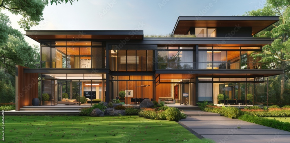 Modern twostory villa with large glass windows, wooden elements and black metal accents on the exterior walls Modern twostory villa with large glass windows, wooden elements and black metal accents on the exterior walls