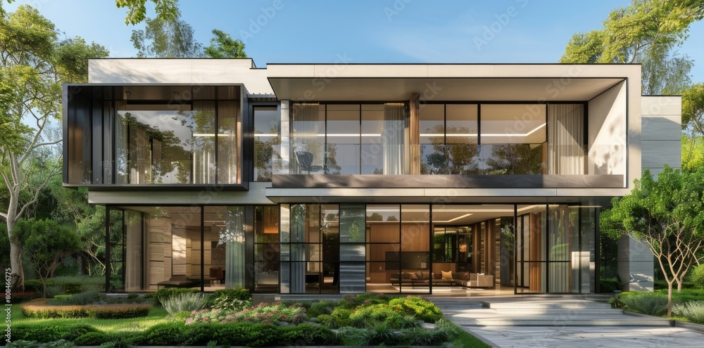 Fototapeta premium Modern twostory villa with large glass windows, wooden elements and black metal accents on the exterior walls