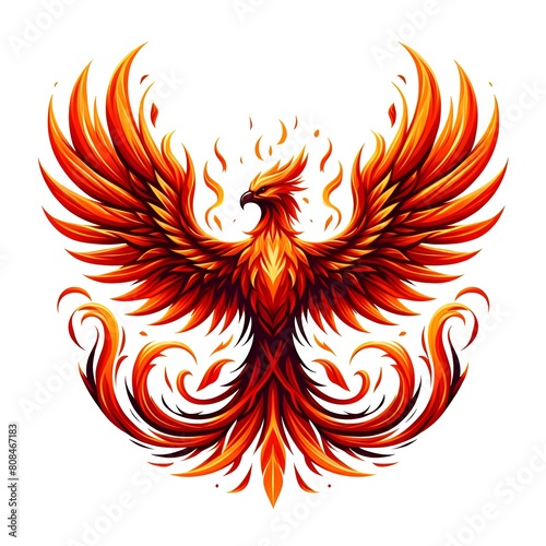 a fiery phoenix from the front with open wings and a white background