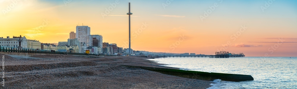 Panoramic view of Brighton beach at sunrise. England