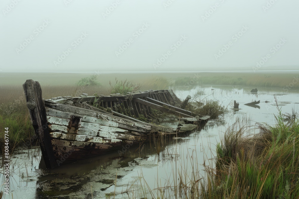 The decaying wreckage of a shipwreck submerged in the murky depths of a swampy marshland, its silent waters hiding untold secrets and lost treasures, Generative AI The decaying wreckage of a shipwreck submerged in the murky depths of a swampy marshland, its silent waters hiding untold secrets and lost treasures, Generative AI