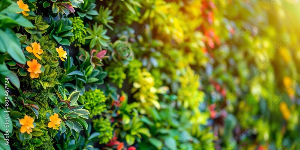 A close-up photo of a vertical garden, or living wall, filled with lush green foliage and bright yellow flowers bathed in sunlight
