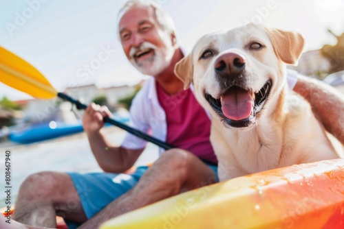 A cheerful senior man kayaking with his dog, enjoying a sunny day on the water, showing a vibrant, happy expression © ALLAI