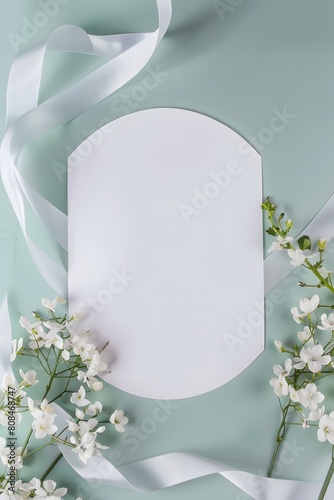 Graceful greeting card invitation isolated empty space adorned with elegant ribbon and flower decoration