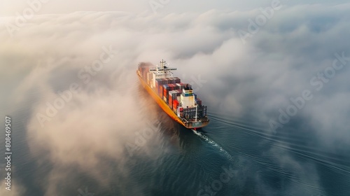 Shipping Through the Clouds: Aerial Photography of Cargo Ship Sailing the Bay