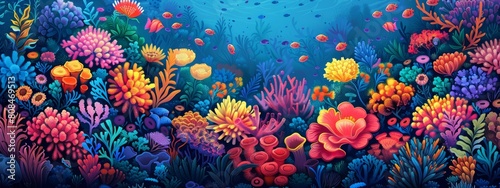 Illustration landscape of coral reefs adorned with vibrant floral and geometric patterns.