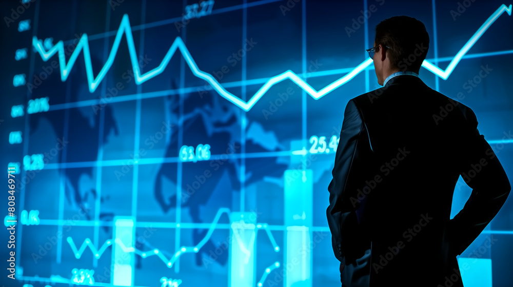 Businessman interacts with a graph showcasing growth, year 2024