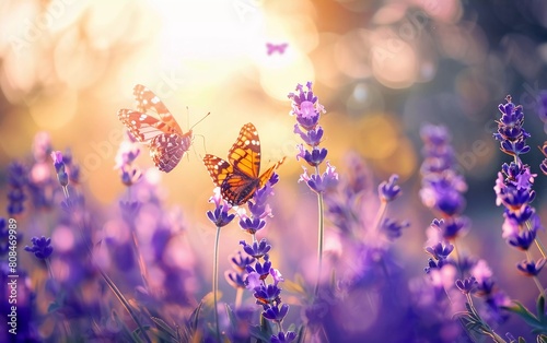  Beautiful and amazing colorful natural views. Lavender flowers and two butterflies in summer sunlight in spring outdoors on nature macro, soft focus. very impressive view