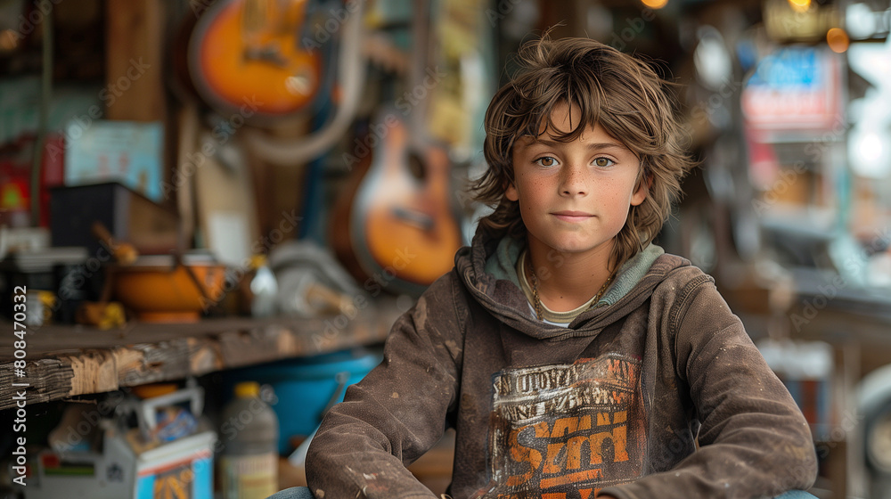 Environmental portrait of young boy inside his dads music shop. Environmental portrait of young boy inside his dads music shop.