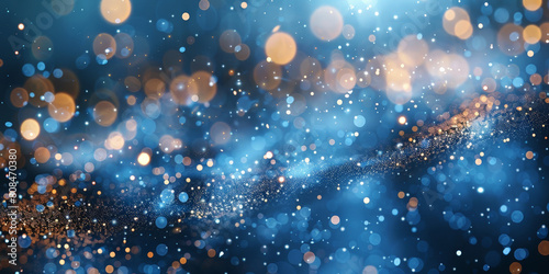 Abstract blurred background with gold blue bokeh lights and glitter, Dark blue and gold particle Christmas Golden light shine particles bokeh , banner