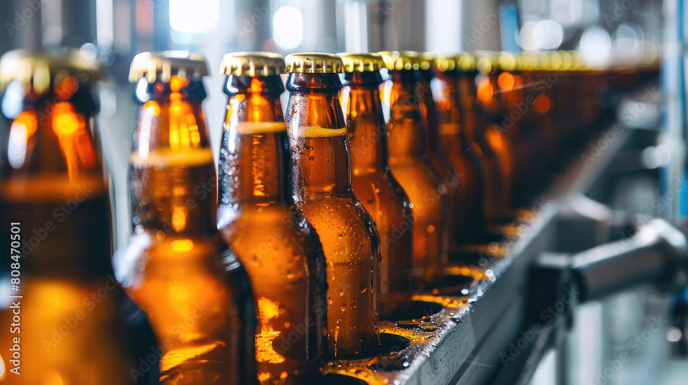 Row of Beer Bottles on Conveyor Belt Row of Beer Bottles on Conveyor Belt