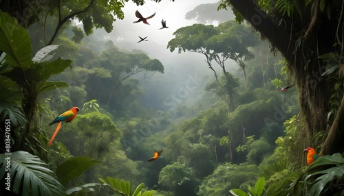 A dense jungle canopy alive with vibrant birdlife
