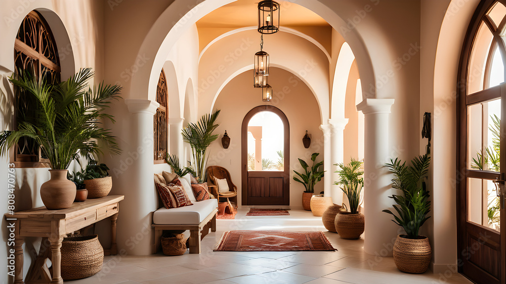 Boho, mediterranean interior design of modern home entryway, hall with arched walls