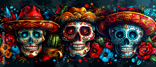 Three skulls with flowers and hats on them