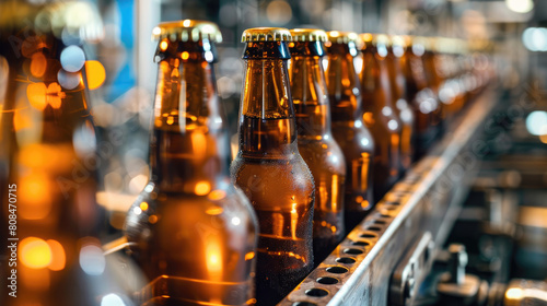 Row of Beer Bottles on Conveyor Belt