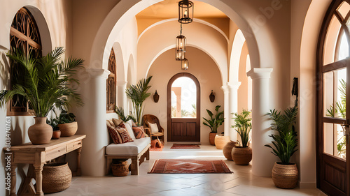Boho, mediterranean interior design of modern home entryway, hall with arched walls