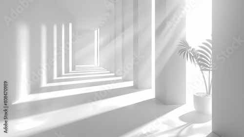 white empty space concept with a white vase and plant on a white floor  illuminated by sunlight shining through a window