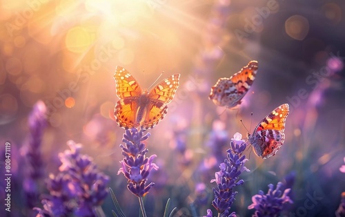  Beautiful and amazing colorful natural views. Lavender flowers and two butterflies in summer sunlight in spring outdoors on nature macro, soft focus. very impressive view © Harjo