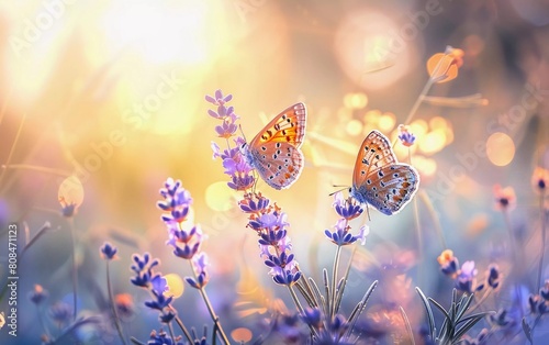  Beautiful and amazing colorful natural views. Lavender flowers and two butterflies in summer sunlight in spring outdoors on nature macro, soft focus. very impressive view © Harjo