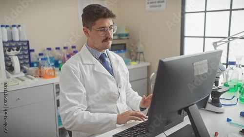 A male scientist uses a computer in a laboratory, exhibiting focus and later fatigue with lab equipment visible. photo