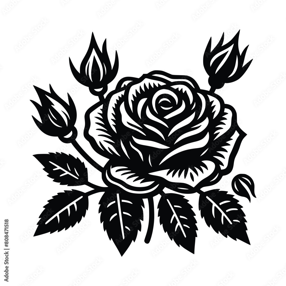 rose with leaves vector illustration. Flower silhoutte rose with leaves vector illustration. Flower silhoutte
