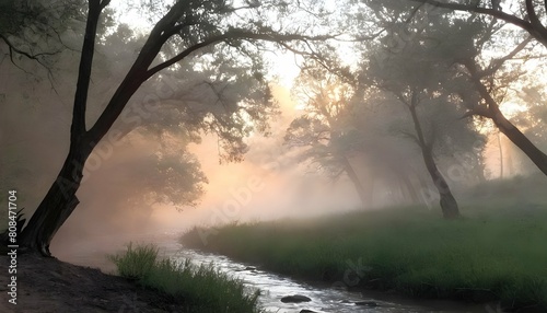 Mist rising from a creek at dawn enveloping the s upscaled 2 photo