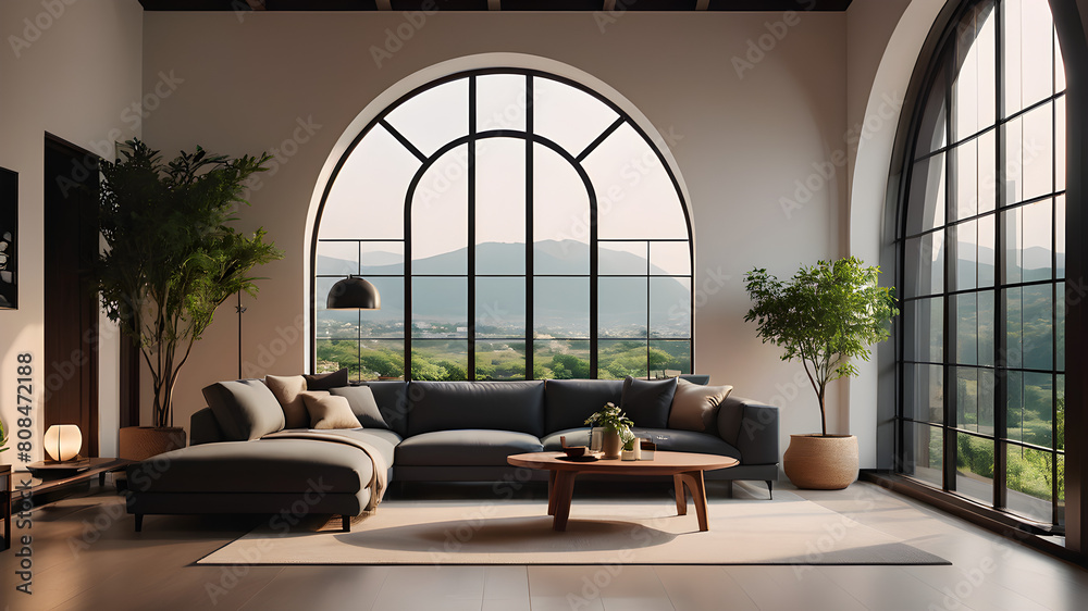 Japandi minimalist interior design of modern living room, home with arch window.png, Japandi minimalist interior design of modern living room, home with arch window