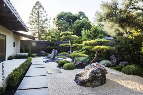 A modern interpretation of a Japanese garden, blending traditional elements with contemporary design principles to create a harmonious and, Generative AI photo