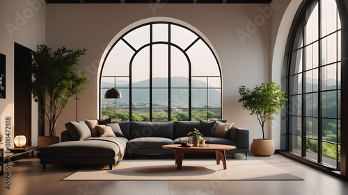 Japandi minimalist interior design of modern living room, home with arch window.png, Japandi minimalist interior design of modern living room, home with arch window © Adi