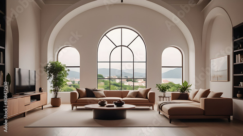 Japandi minimalist interior design of modern living room  home with arch window.png  Japandi minimalist interior design of modern living room  home with arch window