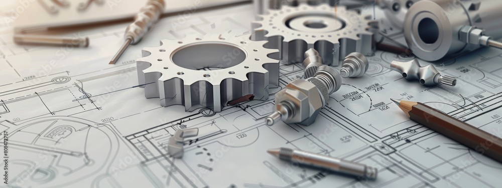 engineering on the white paper with drawings of gears blueprints and